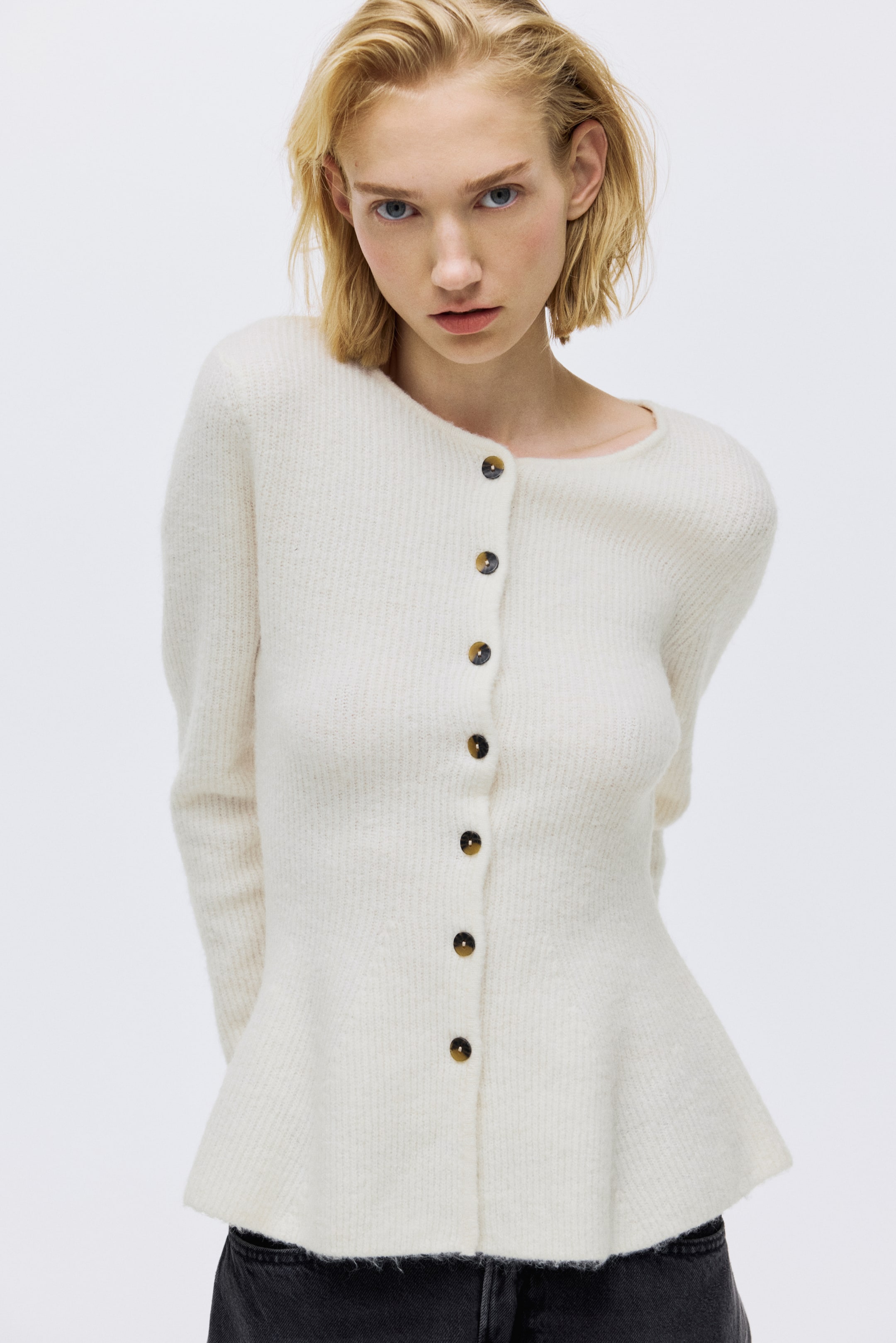 Rib-Knit Peplum Cardigan - Cream