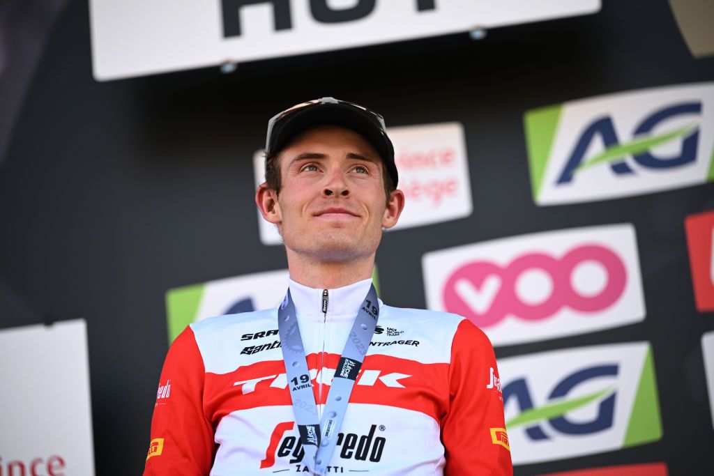 HUY BELGIUM APRIL 19 Mattias Skjelmose of Denmark and Team Trek Segafredo on second place poses on the podium ceremony after the 87th La Fleche Wallonne 2023 Mens Elite a 1943km one day race from Herve to Mur de Huy UCIWT on April 19 2023 in Huy Belgium Photo by David StockmanGetty Images