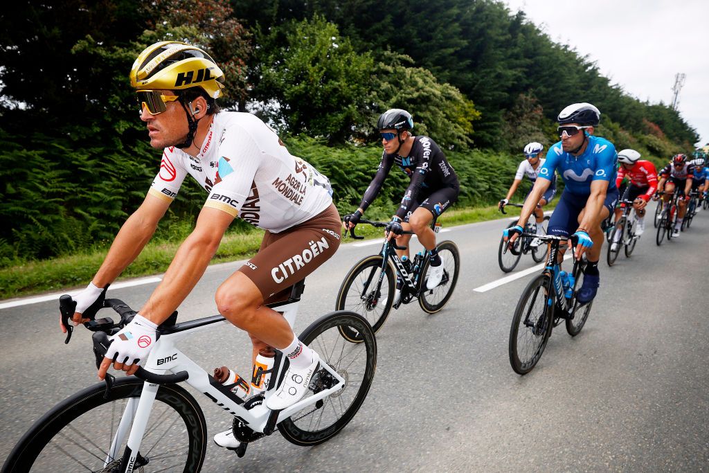 MRDEBRETAGNE GUERLDAN FRANCE JUNE 27 Greg Van Avermaet of Belgium and AG2R Citron Team Cees Bol of The Netherlands and Team DSM during the 108th Tour de France 2021 Stage 2 a 1835km stage from PerrosGuirec to MrdeBretagne Guerldan 293m LeTour TDF2021 on June 27 2021 in MrdeBretagne Guerldan France Photo by Chris GraythenGetty Images