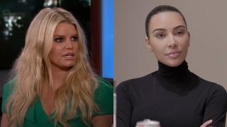 From left to right: Jessica Simpson on Jimmy Kimmel Live and Kim Kardashian on The Kardashians.