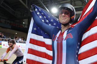 Jennifer Valente after winning the omnium points race at the 2022 Track World Championship