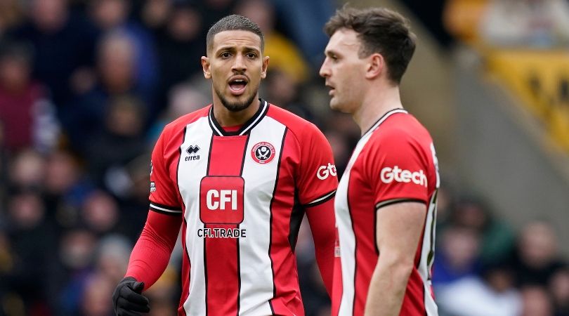 Sheffield United pair Vinicius Souza and Jack Robinson exchange views in the Blades&#039; 1-0 defeat at Wolves in February 2024.