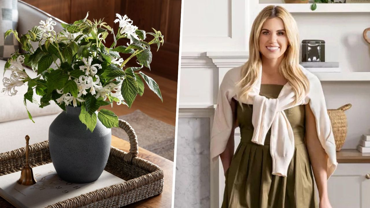 A photo of a tray with decorative accessories on a coffee table next to a photo of Shea McGee