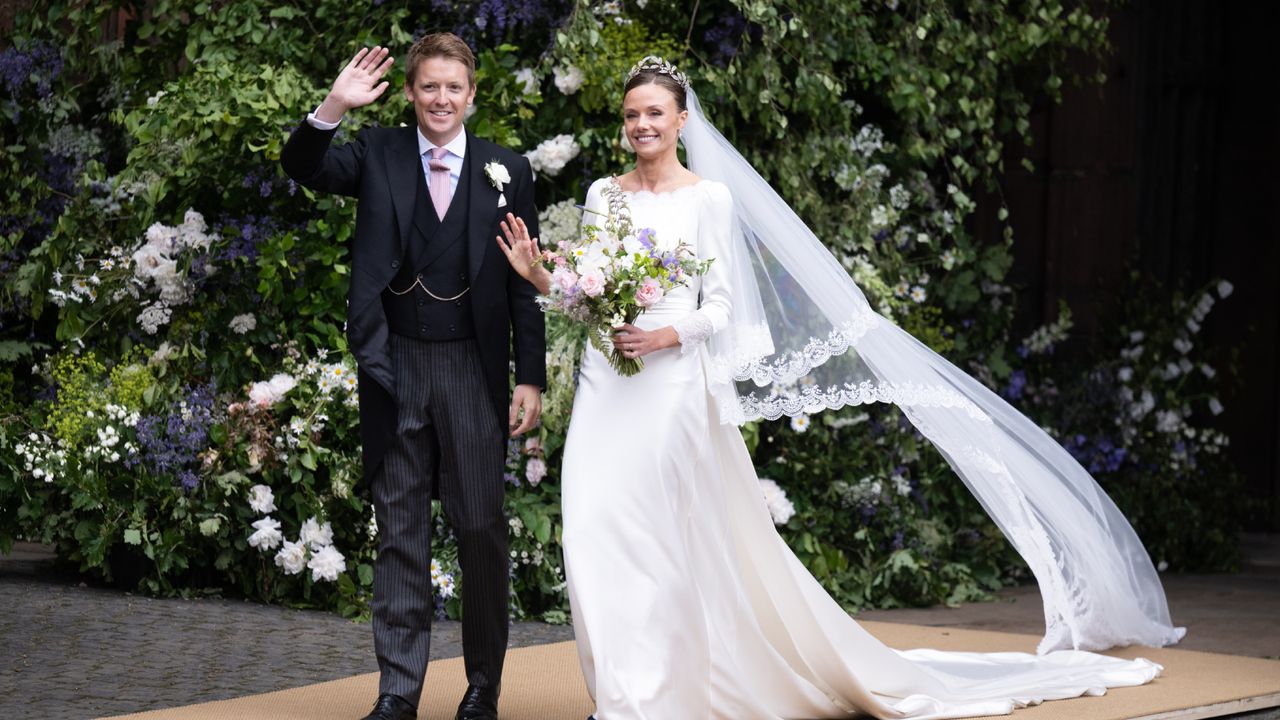 Hugh Grosvenor, Duke of Westminster and Olivia Grosvenor, Duchess of Westminster depart after their wedding ceremony at Chester Cathedral 