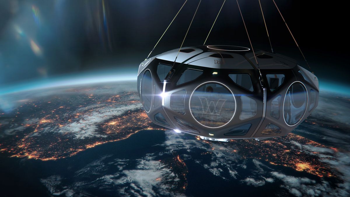 A rendering of World View space capsule ascending into Earth&#039;s stratosphere. 