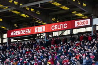 LED Screen shows Aberdeen 1 Celtic 1 during a cinch Premiership match between Aberdeen and Celtic at Pittodrie Stadium