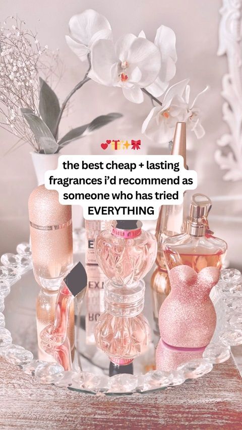 A graphic that says 'the best cheap + lasting fragrances I'd recommend as someone who has tried EVERYTHING'