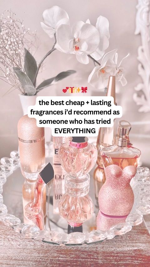 A graphic that says 'the best cheap + lasting fragrances I'd recommend as someone who has tried EVERYTHING' 