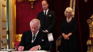 King Charles III signs an oath to uphold the security of the Church in Scotland during his proclamation as King during the accession council on September 10, 2022 in London, United Kingdom. His Majesty The King is proclaimed at the Accession Council in the State Apartments of St James's Palace, London. The Accession Council, attended by Privy Councillors, is divided into two parts. In part I, the Privy Council, without The King present, proclaims the Sovereign and part II where The King holds the first meeting of His Majesty's Privy Council. The Accession Council is followed by the first public reading of the Principal Proclamation read from the balcony overlooking Friary Court at St James's Palace. The Proclamation is read by the Garter King of Arms, accompanied by the Earl Marshal, other Officers of Arms and the Serjeants-at-Arms.