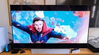 Doctor Strange (Benedict Cumberbatch) in Spider-Man: No Way Home on a TV plugged into the Roku Express (2022)