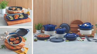 compilation image showing Aldi cast iron cookware being used to cook and on a kitchen countertop