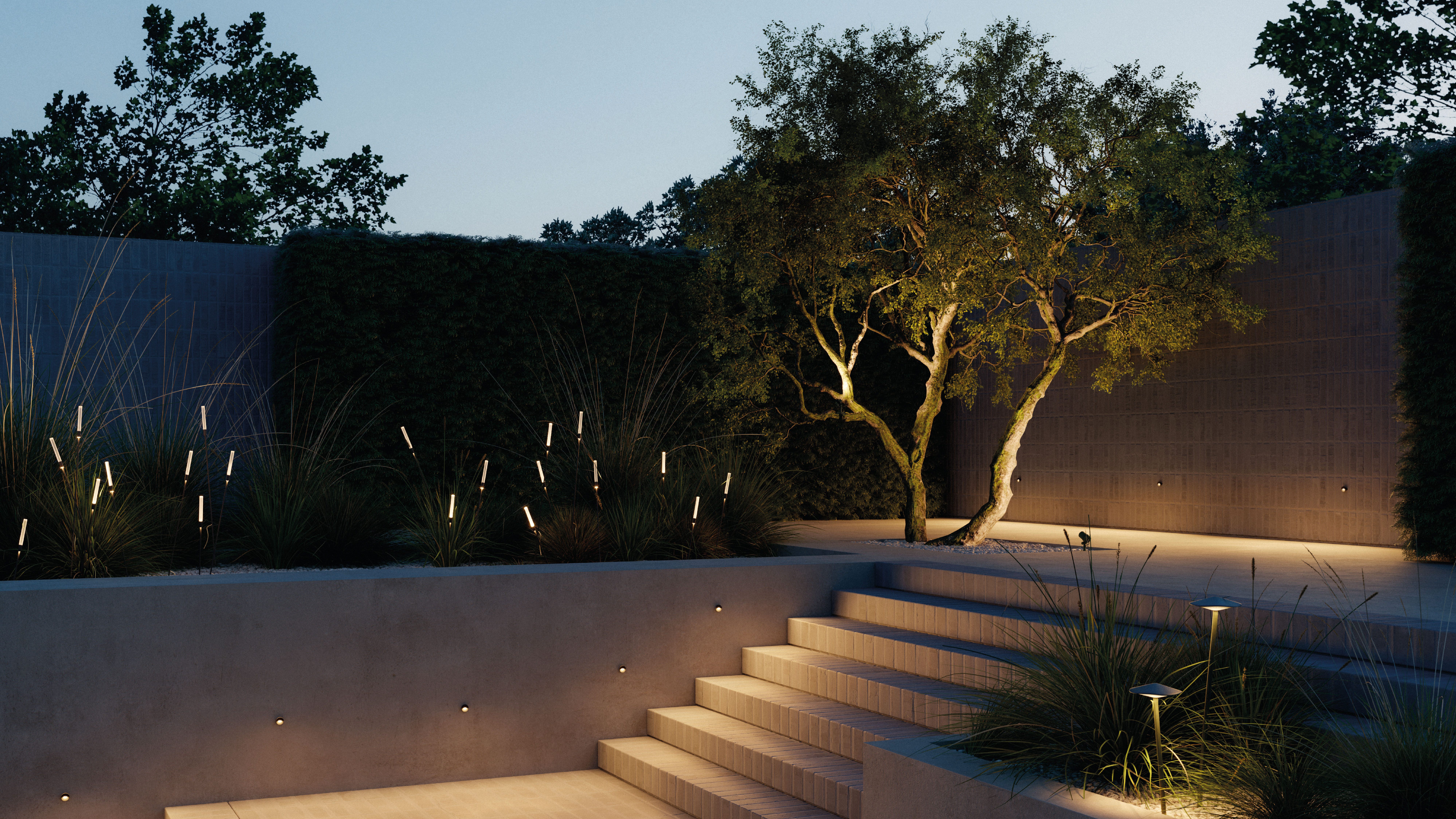 Lodes outdoor lighting in a garden at night