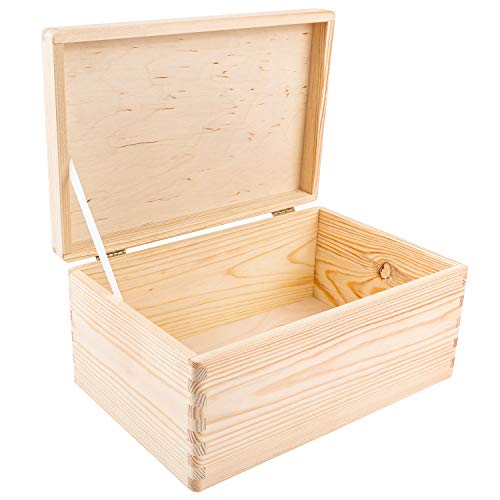 Creative Deco Large Plain Wooden Storage Box With Lid | 30x20x14cm (+/-1 Cm) | Hinged Lid | Unpainted Gift Box Kitchen Storage | Rough & Unsanded Wood Keepsake Memory Craft Chest