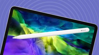 An iPad Pro and Apple Pencil on a violet background.