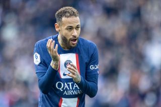 Neymar celebrates a goal for Paris Saint-Germain against Lille in February 2023.