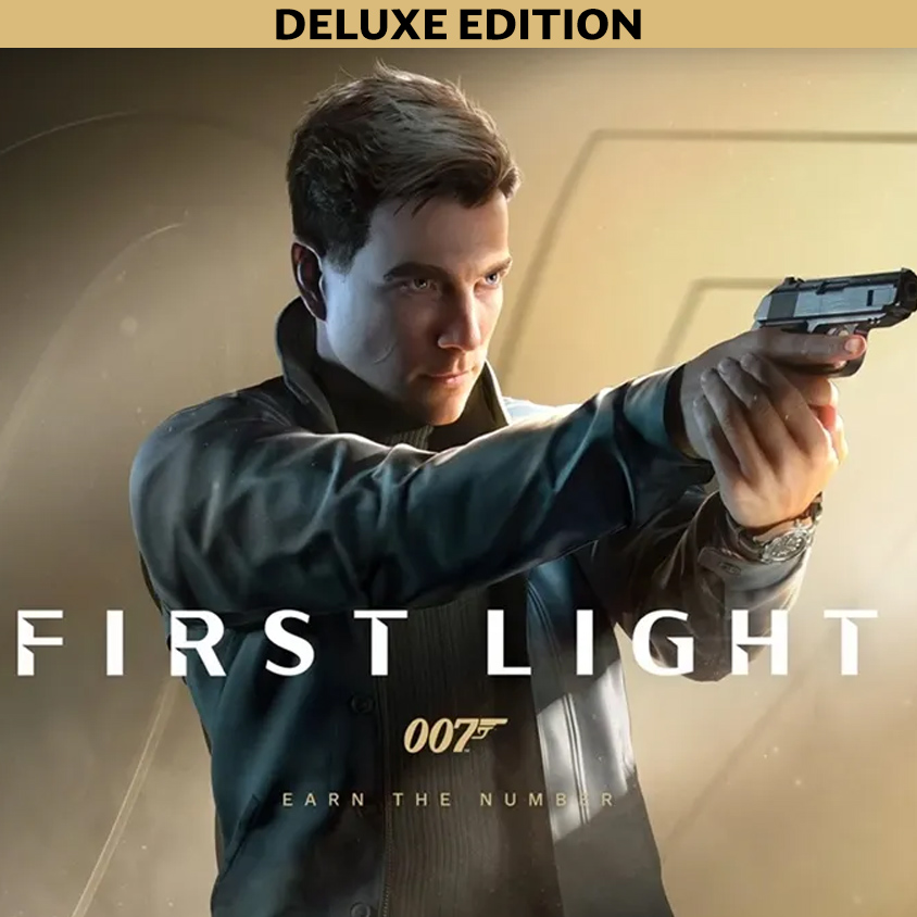 James Bond holding a gun and pointing it to the right.