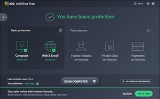 Screenshot of AVG AntiVirus Free dashboard captured during testing