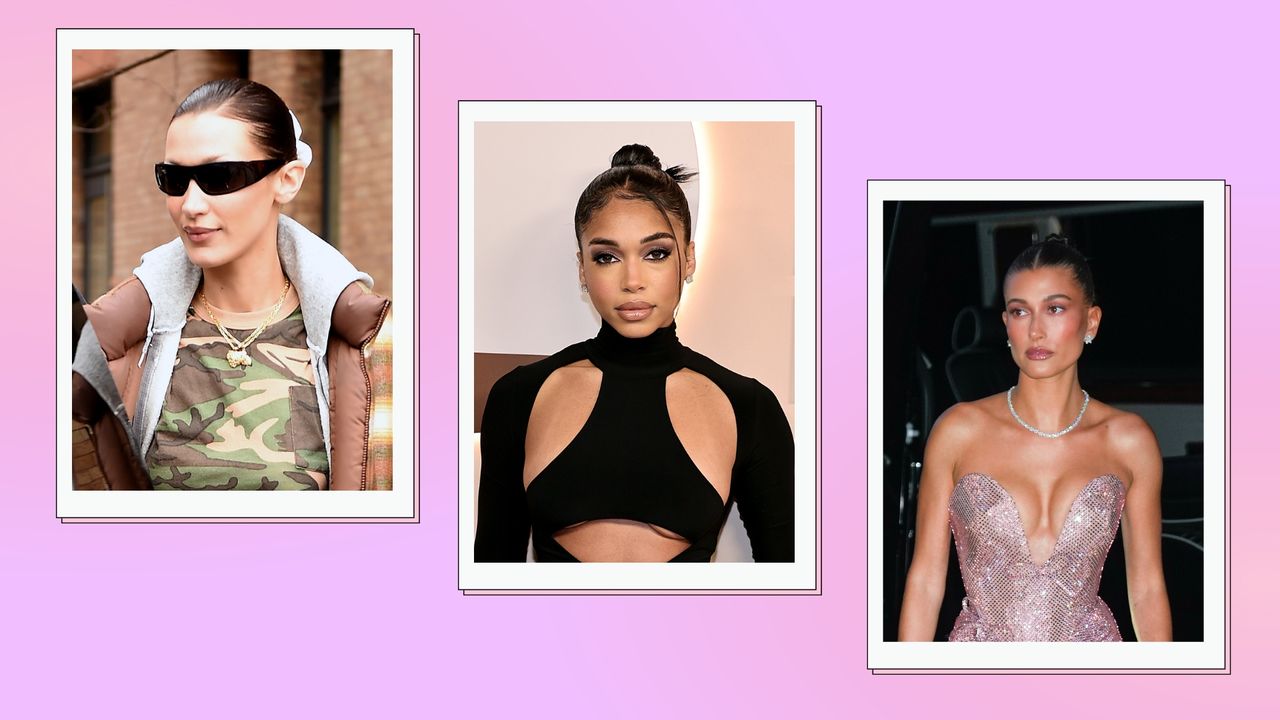 Bella Hadid, Lori Harvey and Hailey Bieber pictured with variations of the &#039;slicked-back bun&#039; in a pink and purple template