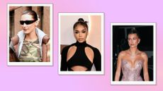 Bella Hadid, Lori Harvey and Hailey Bieber pictured with variations of the 'slicked-back bun' in a pink and purple template