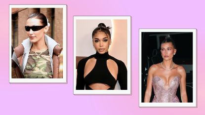 Bella Hadid, Lori Harvey and Hailey Bieber pictured with variations of the 'slicked-back bun' in a pink and purple template