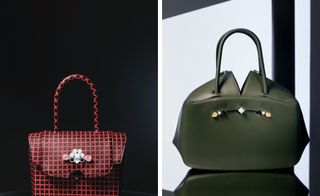 Left, a small black handbag with red square lines on it and a bug shaped jewel opening clip. Right, a large green leather bag with jewels and a black line on it..