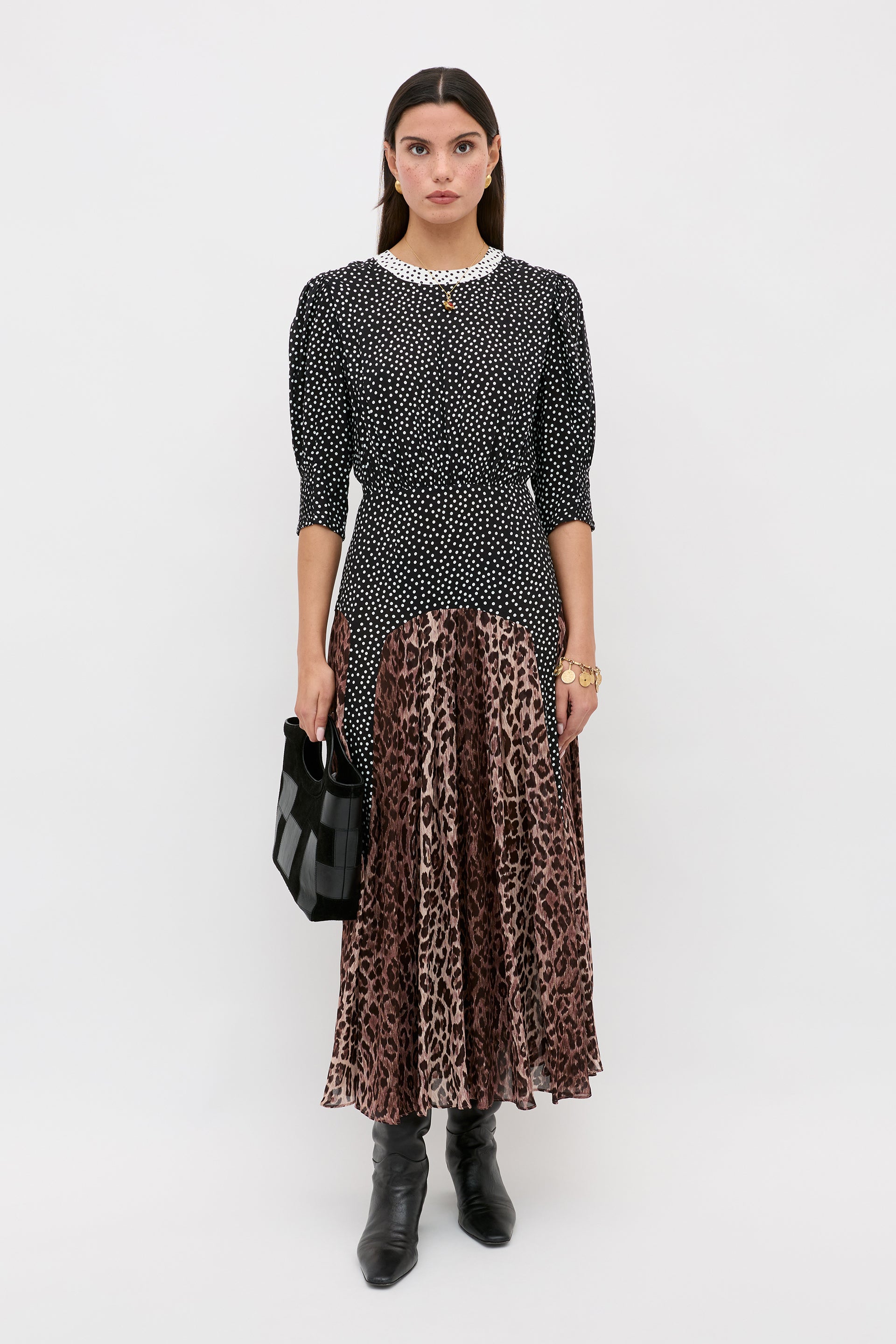 Meg Leopard Midi Dress in Black Leopard Polka Dot