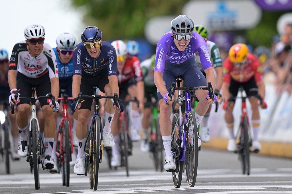 Danish Anders Foldager of Team Jayco-AIUIa wins ahead of French Benoit Cosnefroy of UAE Team Emirates-XRG and Belgian Quinten Hermans of Pinarello Q36.5