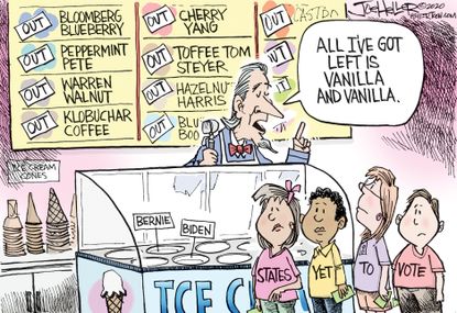Political Cartoon U.S. 2020 election democrat selection white candidates Biden Bernie ice cream