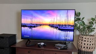 A dusk scene with boats on a Sony Bravia 3 LED TV