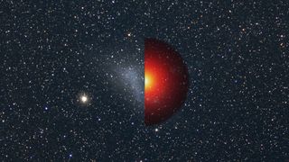 A NASA graphic depicting a galaxy with a red half-circle superimposed over it to represent the mass of dark matter believed to be found there.