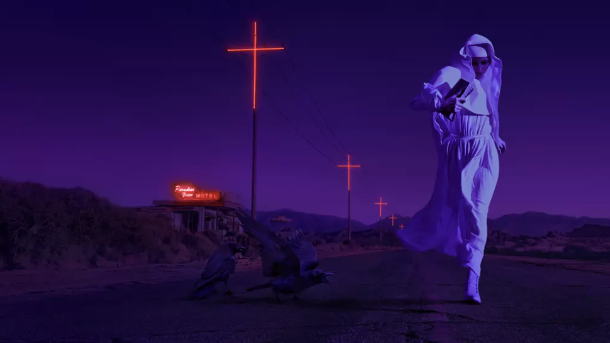 A figure holding a book and dressed in white robes runs past a pair of ravens along a road lined with masts lit up with red crucifixes in Grotesquerie