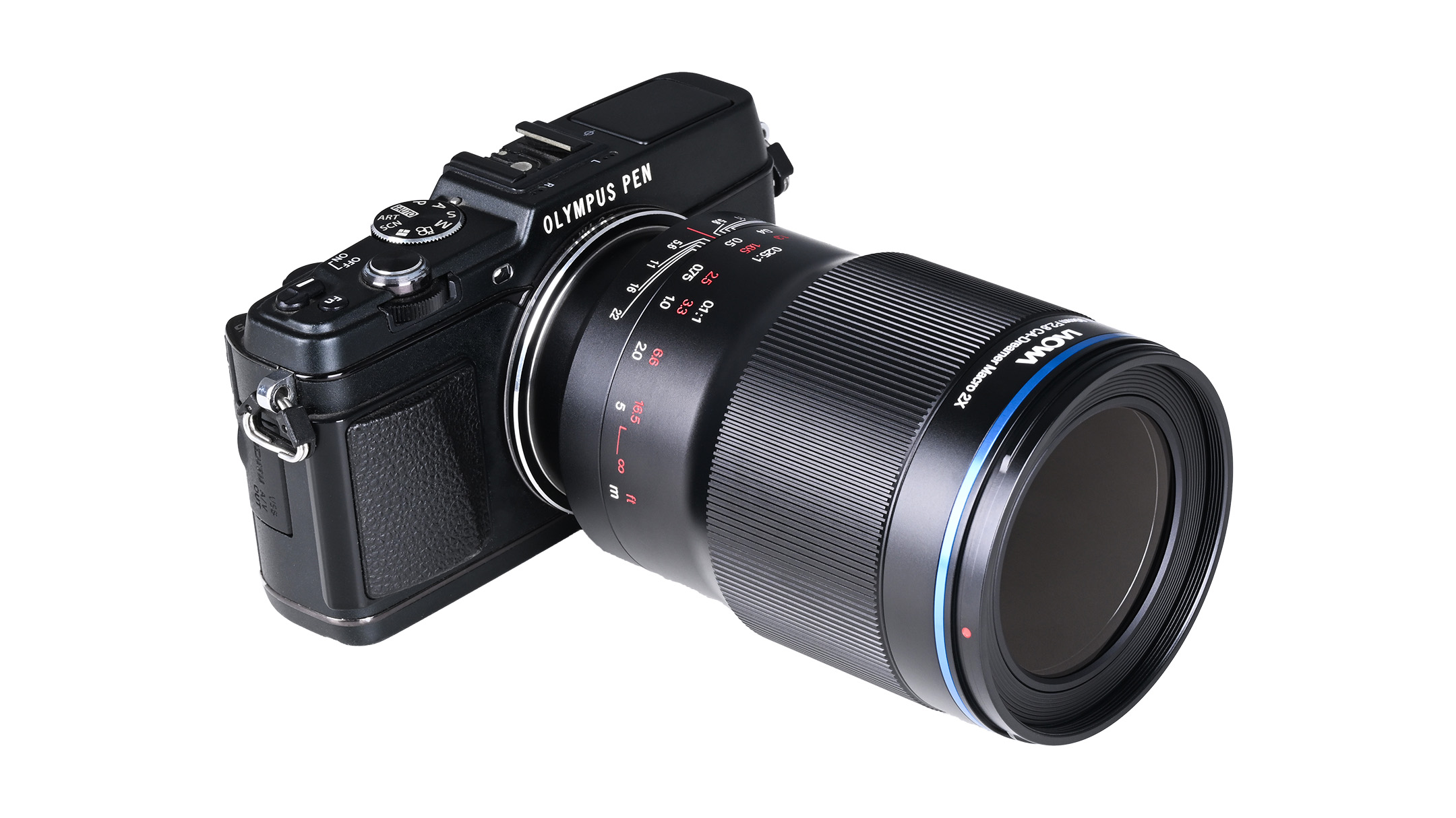 A black Laowa digital camera lens attached to an Olympus camera.
