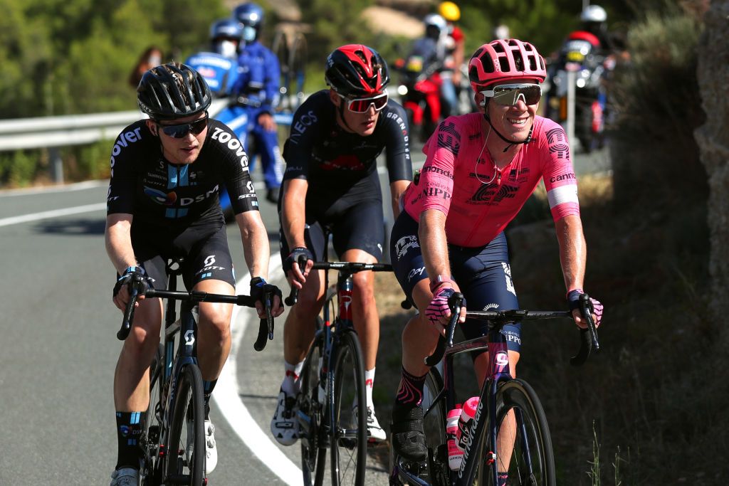 BALCON DE ALICANTE SPAIN AUGUST 20 LR Michael Storer of Australia and Team DSM Pavel Sivakov of Russia and Team INEOS Grenadiers and Lawson Craddock of United States and Team EF Education Nippo compete in the breakaway during the 76th Tour of Spain 2021 Stage 7 a 152km stage from Ganda to Balcn de Alicante 995m lavuelta LaVuelta21 on August 20 2021 in Balcn de Alicante Spain Photo by Gonzalo Arroyo MorenoGetty Images