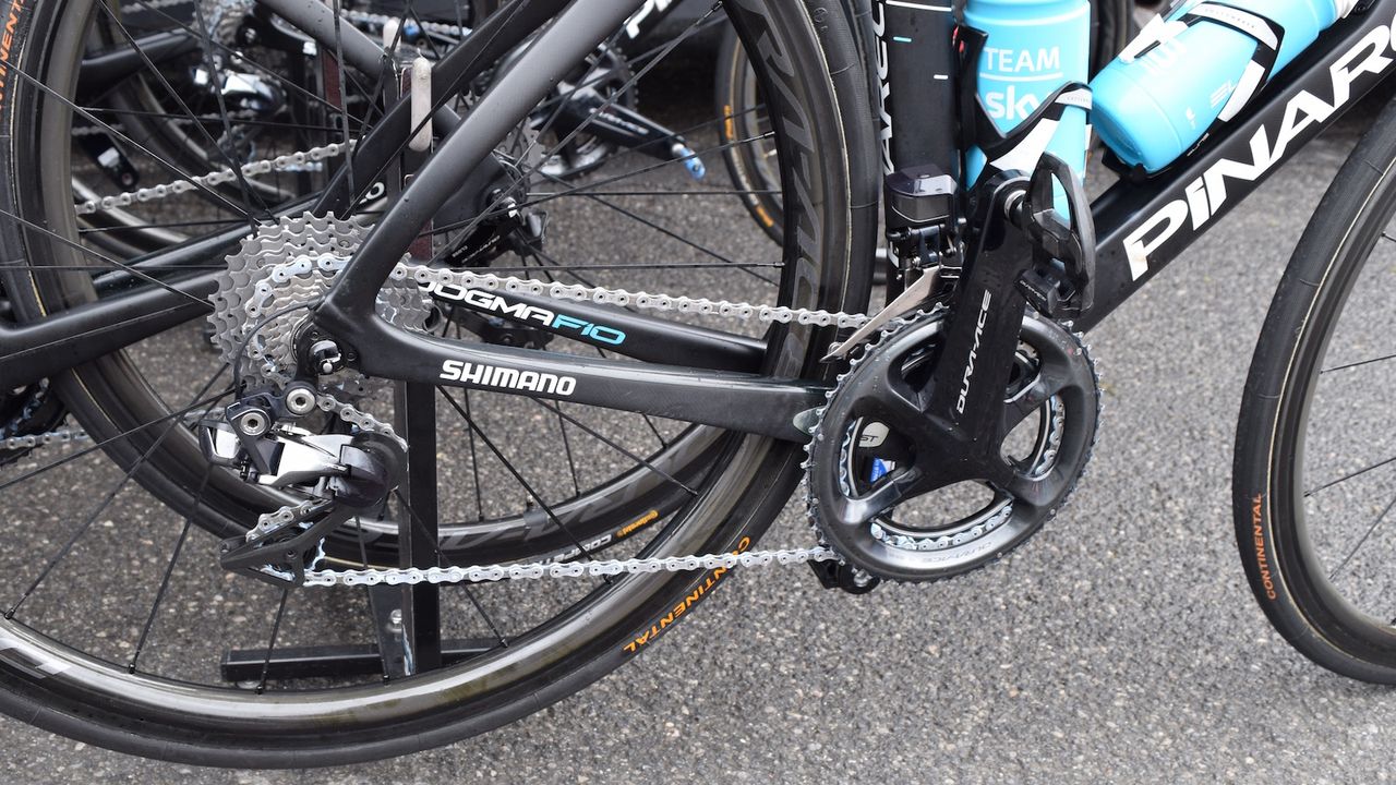 For the wet and cold race, Team Sky had extra chain lube on their drivetrains