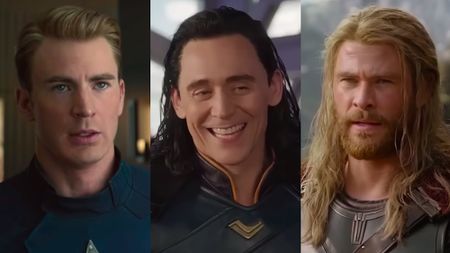 Chris Evans as Captain America, Tom Hiddleston as Loki, and Chris Hemsworth as Thor in the MCU (Side by side image) 