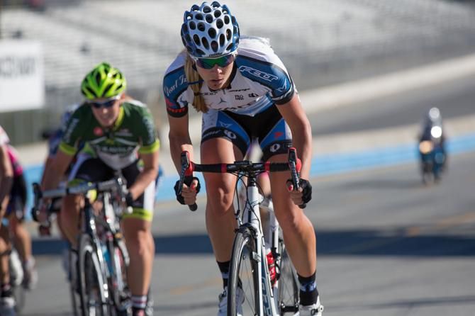 Allison Tetrick puts her time-trial skills to use as she pulls away from the field with two laps to go.