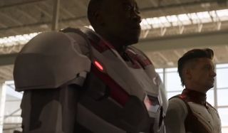 Avengers: Endgame War Machine and Hawkeye walking in the new suit