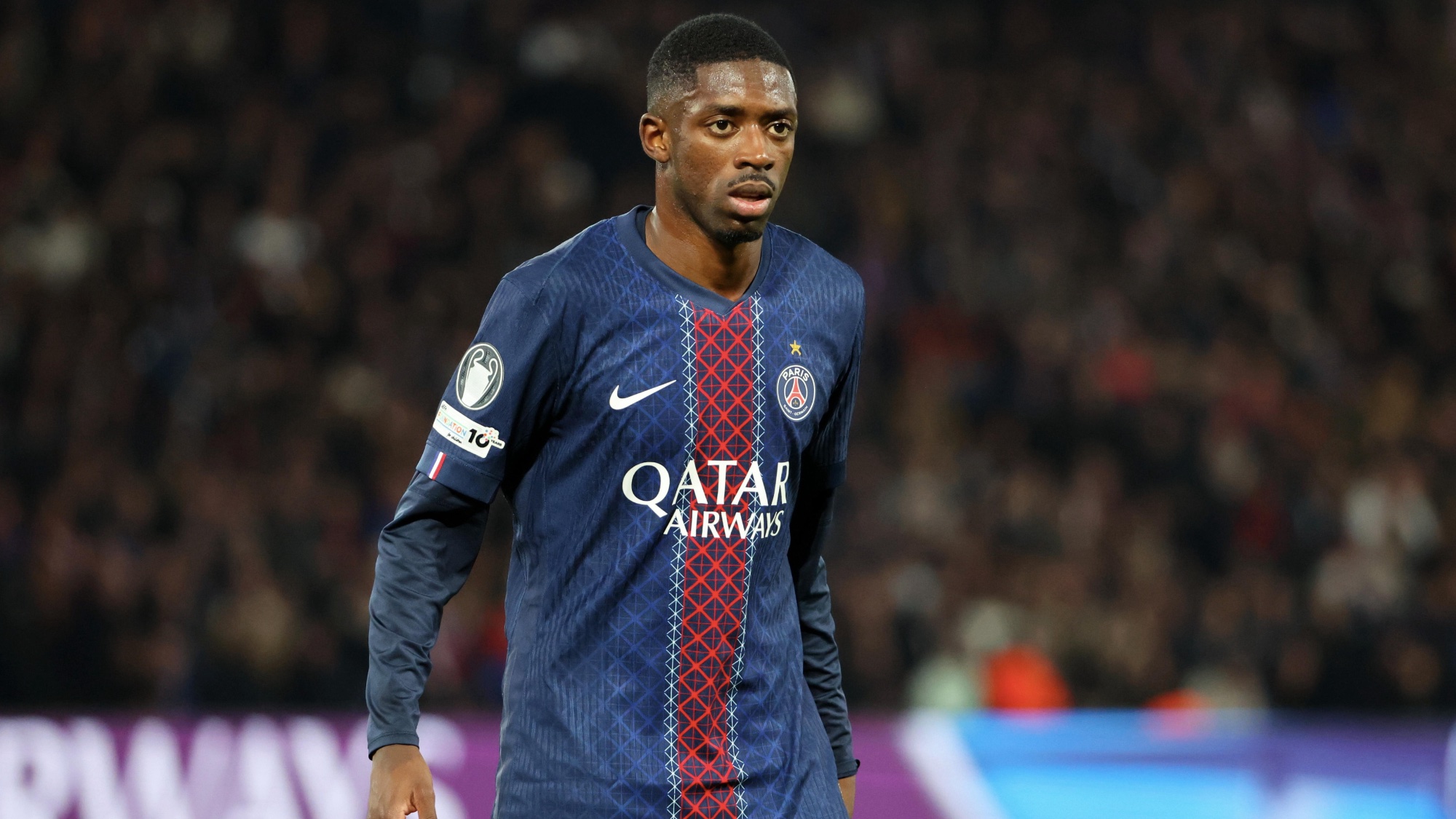 Ousmane Dembele #10 of Paris Saint-Germain reacts during the UEFA Champions League 2025/26 League Phase MD4 match between Paris Saint-Germain and FC Bayern München at Parc des Princes on November 04, 2025 in Paris, France.