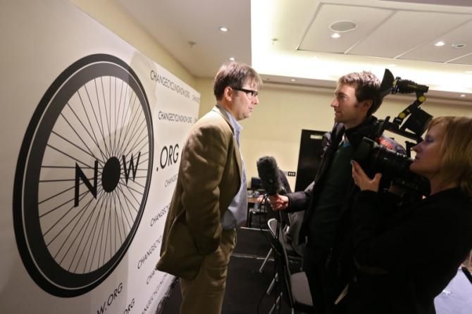 Change Cycling Now's Jaimie Fuller speaks to the media
