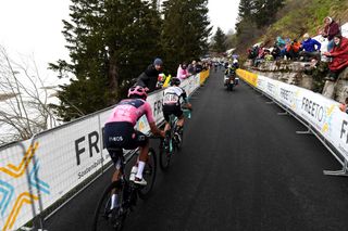 MONTE ZONCOLAN ITALY MAY 22 Egan Arley Bernal Gomez of Colombia and Team INEOS Grenadiers Pink Leader Jersey Simon Yates of United Kingdom and Team BikeExchange at Monte Zoncolan 1730m during the 104th Giro dItalia 2021 Stage 14 a 205km stage from Cittadella to Monte Zoncolan 1730m Snow Fans UCIworldtour girodiitalia Giro on May 22 2021 in Monte Zoncolan Italy Photo by Tim de WaeleGetty Images