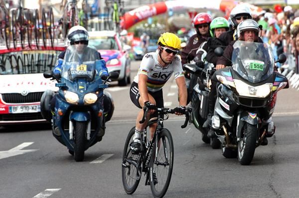 World champion Mark Cavendish (Sky) makes his way to the finish line after a heavy crash inside of 3 kilometres to go.