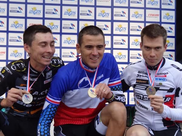 Elite men's podium at 2012 French National Championships: Stephane Tempier, Julien Absalon and Maxime Marotte