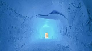 View down an ice tunnel in Greenland's largest ice stream.