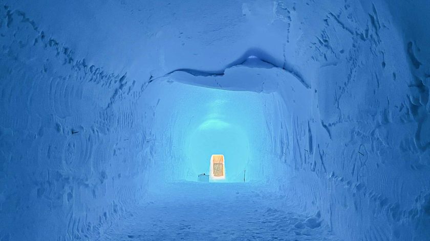 View down an ice tunnel in Greenland&#039;s largest ice stream.