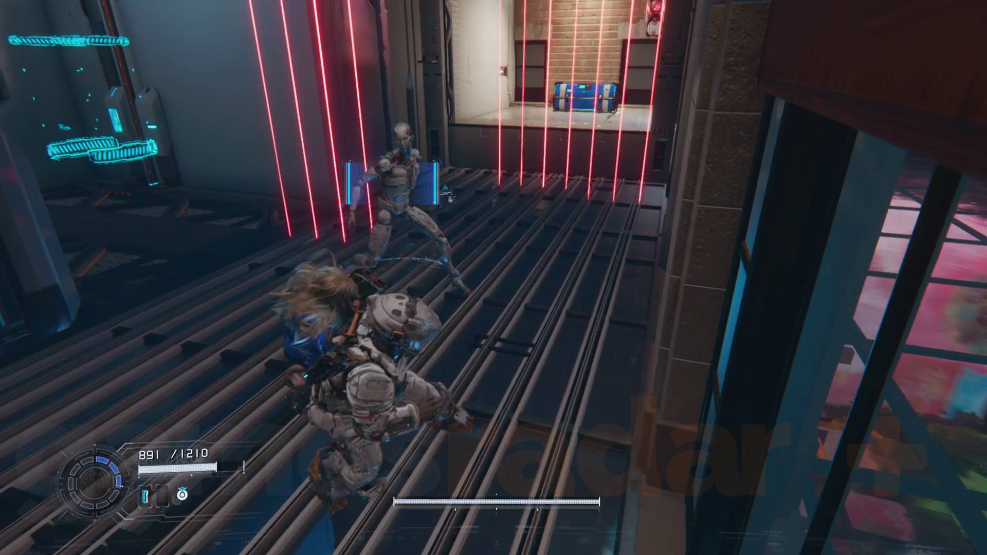 Pragmata MPA collectibles shopping district blue mod box behind red lasers