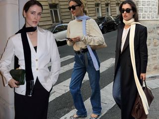 fashion collage featuring three European style influencers Annabelle Rosendahl, Anne-Laure Mais, and Ilirida Krasniqi wearing chic outfits with skinny scarves