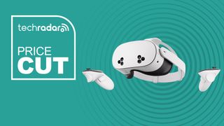 Meta Quest 3S on cyan background with TechRadar price cut sign