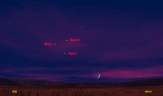 This sky map shows how Saturn, Mars and the bright star Spica will form a sky triangle on Monday night (Aug. 20, 2012).
