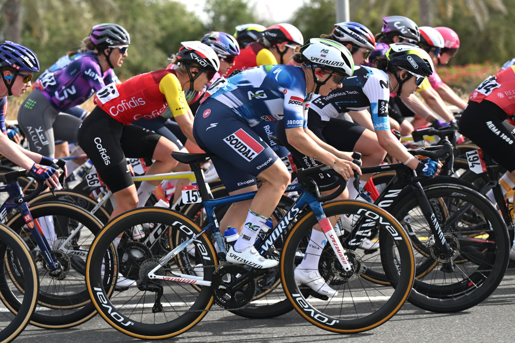 ABU DHABI BREAKWATER, UNITED ARAB EMIRATES - FEBRUARY 09: Gladys Verhulst-Wild of France and AG Insurance - Soudal Team competes during the 3rd UAE Tour Women, Stage 4 a 127km stage from Abu Dhabi Fatima Bint Mubarak Ladies Academy to Abu Dhabi Breakwater / #UCIWWT / on February 09, 2025 in Abu Dhabi Breakwater, United Arab Emirates. (Photo by Tim de Waele/Getty Images)