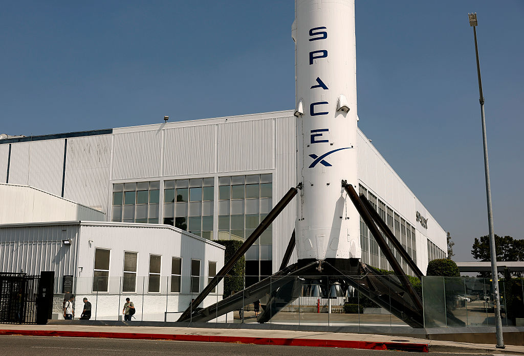 A SpaceX Falcon 9 rocket is displayed at a SpaceX facility on August 04, 2026 in Hawthorne, California